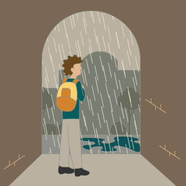 person standing under an arch watching the rain